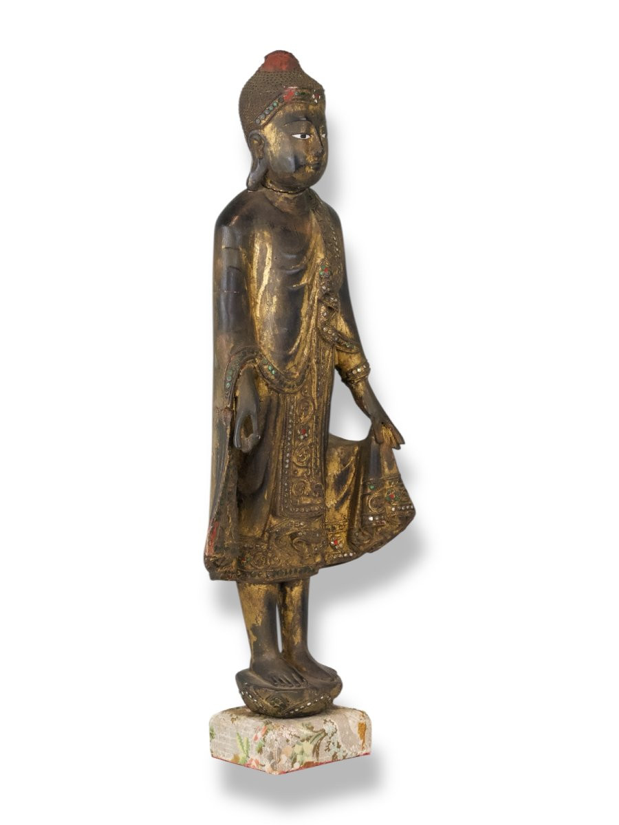 Figura di Buddha Stante su Fiore di Loto in Legno - Thailandia XIX Secolo-photo-3